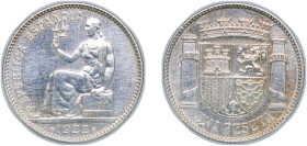 Spain Second Republic 1933 *3-4 1 Peseta - II Republic Silver (.835) Madrid Mint (2000000) 5g AU Cleaned KM 750