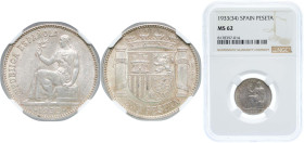 Spain Second Republic 1933 *3-4 1 Peseta Silver (.835) Madrid Mint (2000000) 5g NGC MS 62 KM 750