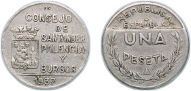 Spain Second Republic 1937 1 Peseta (Santander, Palencia and Burgos) Copper-nickel (300000) 5.63g VF KM 2