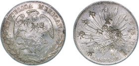 Mexico Federal Republic 1874 Mo MH 8 Reales Silver (.903) Mexico City Mint 27.06g AU Chopmarked KM 377.10