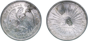 Mexico Federal Republic 1900 Mo AM 1 Peso Silver (.9027) Mexico City Mint (8226000) 26.93g AU Chopmarked KM 409.2