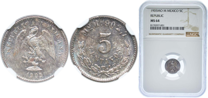 Mexico Federal Republic 1905 Mo M 5 Centavos Beautiful patina Silver (.903) Mexi...