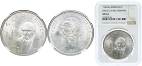 Mexico United Mexican States 1953 Mo 5 Pesos (Bicentennial of Hidalgo's Birth) Silver (.720) Mexico City Mint (1000000) 27.778g NGC MS 63 KM 468