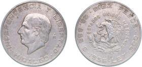 Mexico United Mexican States 1956 Mo 10 Pesos (Hidalgo Grande) Silver (.900) Mexico City Mint (3535000) 28.66g VF Rim Damage KM 474