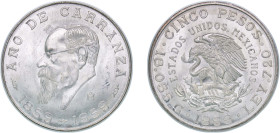 Mexico United Mexican States 1959 Mo 5 Pesos (Centennial of Carranza's Birth) Silver (.720) Mexico City Mint (1000000) 18.13g UNC KM 471