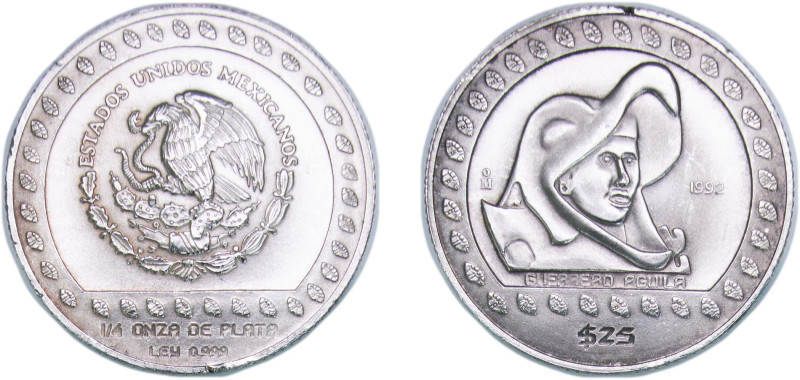 Mexico United Mexican States 1992 Mo 25 Pesos (Guerrero Aguila - 1/4 oz Silver B...