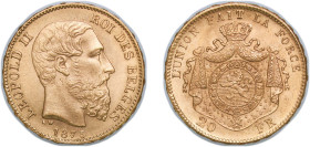 Belgium Kingdom 1875 20 Francs - Léopold II (finer beard) Gold (.900) Brussels Mint (4134253) 6.452g UNC KM 37 LA BFM-155 to 162 Delmonte G 1294 Fr 8