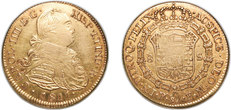 Colombia Spanish colony "1811 P F M" 8 Escudos Contemporary counterfeit - The bu...