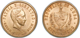 Cuba First Republic 1915 5 Pesos (José Martí) Gold (.900) Philadelphia Mint (696000) 8.359g UNC KM 19 JMA 104-105 Y 13 Fr 4