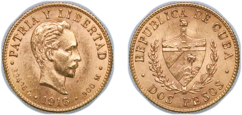 Cuba First Republic 1916 2 Pesos (José Martí) Gold (.900) Philadelphia Mint (150...