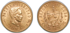 Cuba First Republic 1916 4 Pesos (José Martí) Gold (.900) Philadelphia Mint (128000) 6.7g AU KM 18 JMA 102-103 Y 12