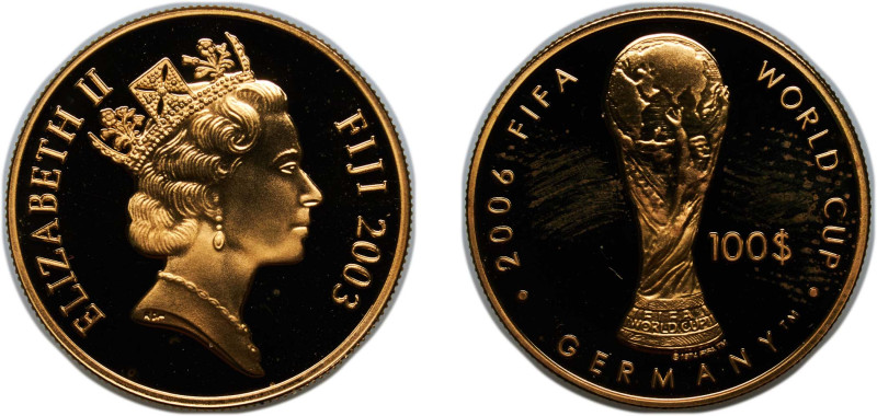 Fiji Republic 2003 100 Dollars - Elizabeth II (2006 World Cup) Gold (.585) Valca...