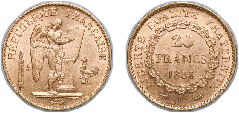 France Third Republic 1886 A 20 Francs Gold (.900) Paris Mint (984875) 6.45g UNC...