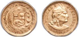 Peru Republic 1913 POZG ⅕ Libra (Trade Coinage) Gold (.9167) Lima Mint (60000) 1.6g AU KM 210 Fr 75