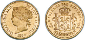 Philippines Spanish colony 1868 4 Pesos - Isabella II Gold (.875) Manila Mint (36000) 6.75g AU KM 144 Fr 1