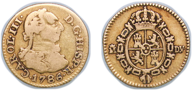 Spain Kingdom 1786 M DV ½ Escudo - Carlos III (3rd type) Gold (.875) Madrid Mint...