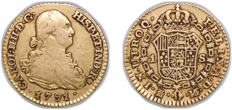 Spain Kingdom 1791 M MF 1 Escudo - Carlos IV Gold (.875) Madrid Mint 3.33g VF KM...
