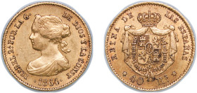Spain Kingdom 1864 40 Reales - Isabel II Gold (.900) Madrid Mint 3.32g AU KM 618.2