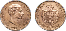 Spain Kingdom 1879 *18-79 EMM 25 Pesetas - Alfonso XII (2nd portrait) Gold (.900) Madrid Mint (3447000) 8.08g UNC KM 673