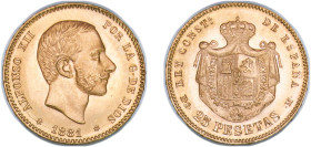 Spain Kingdom 1881 *18-81 MSM 25 Pesetas - Alfonso XII (3rd portrait) Gold (.900) Madrid Mint (4366234) 8.1g UNC KM 687