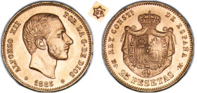 Spain Kingdom 1885 *18-85 MSM 25 Pesetas - Alfonso XII With perfect stars and Original luster Very Rare Gold (.900) Madrid Mint (502613) 8.1g UNC KM 6...