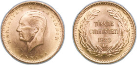 Turkey Republic 1923 100 Kuruş (Tam Cumhuriyet Altini; Gold Bullion Coinage) Gold (.917) (1290000) 7.25g UNC KM 855