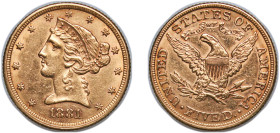 United States Federal republic 1881 5 Dollars (Coronet Head - With motto) Gold (.900) Philadelphia Mint (5708760) 8.37g AU KM 101