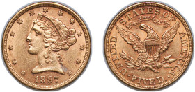 United States Federal republic 1897 5 Dollars (Coronet Head - With motto) Gold (.900) Philadelphia Mint (867800) 8.36g AU KM 101