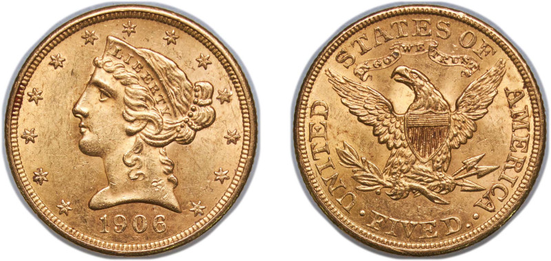 United States Federal republic 1906 5 Dollars (Coronet Head - With motto) Gold (...
