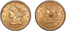 United States Federal republic 1906 5 Dollars (Coronet Head - With motto) Gold (.900) Philadelphia Mint (348735) 8.37g UNC KM 101