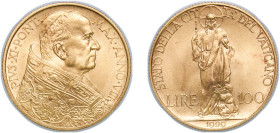 Vatican City City State 1929 100 Lire - Pivs XI Gold (.900) Rome Mint (10000) 8.82g BU KM 9
