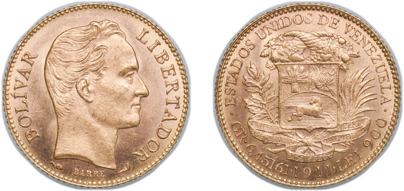 Venezuela United States 1911 20 Bolívares Gold (.900) Paris Mint (80000) 6.5g UN...