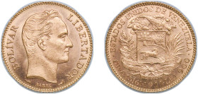 Venezuela United States 1911 20 Bolívares Gold (.900) Paris Mint (80000) 6.5g UNC Y 32 NCV mv20bs-aa