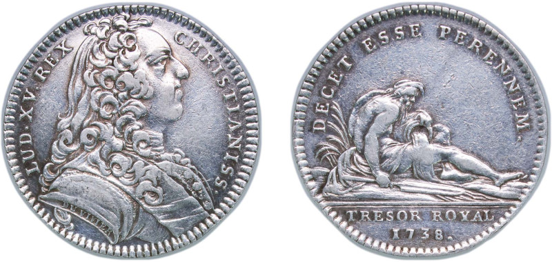 France Kingdom 1738 Jeton - Louis XV (TRÉSOR ROYAL) Silver 7.05g VF