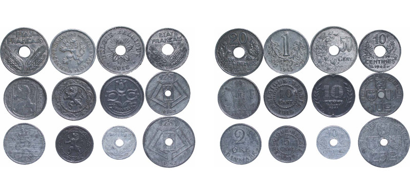 Belgium 1916-1943 European WWI & WWII Centimes Set (12 Lots) Zinc XF