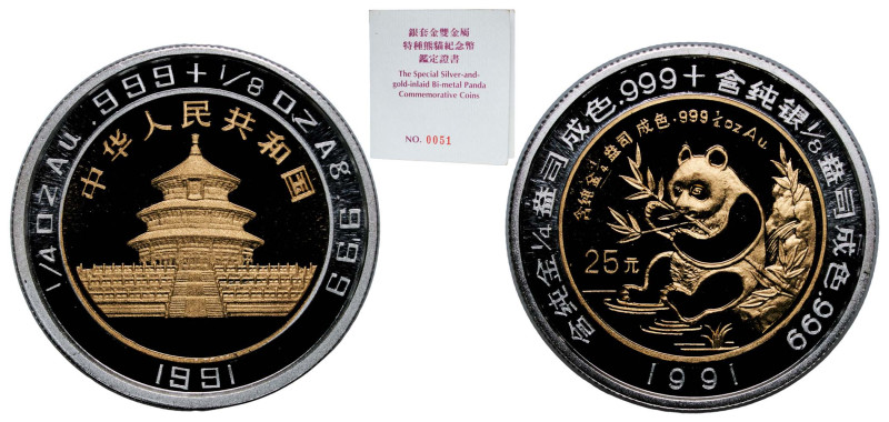 China People's Republic of China 1991 25 Yuan (Panda) Gold (.999) centre in silv...