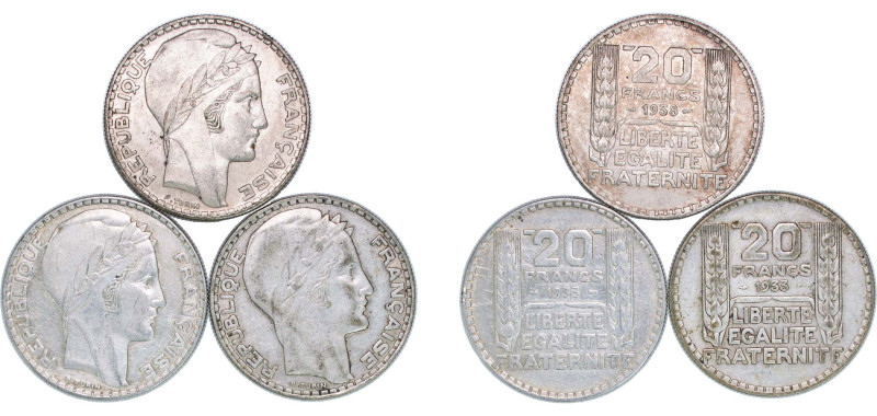 France Third Republic 1933-1938 20 Francs (3 Lots) Silver (.680) Paris Mint XF F...