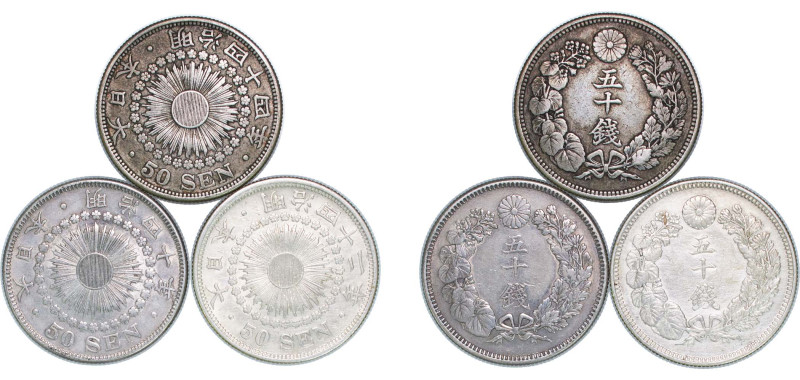 Japan Empire 1907-1911 50 Sen - Meiji (3 Lots) Silver (.800) VF Y 31 JNDA 01-15