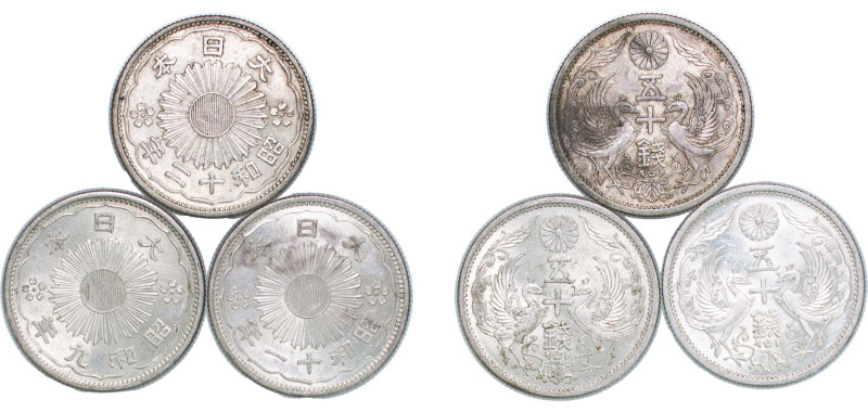 Japan Empire 1934-1937 50 Sen - Shōwa (3 Lots) Silver (.720) AU Y 50 JNDA 01-17