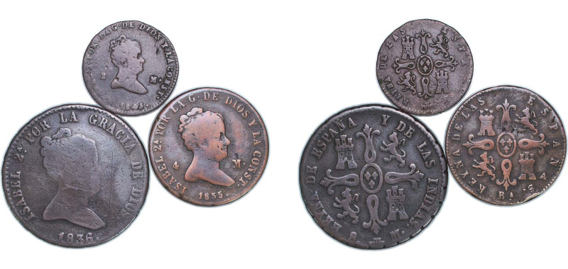 Spain Kingdom 1836-1855 Maravedis Set - Isabel II (3 Lots) Copper VF