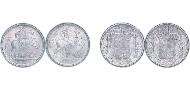 Spain Kingdom 1941-1945 5 Centimos (2 Lots) Aluminium UNC KM 765