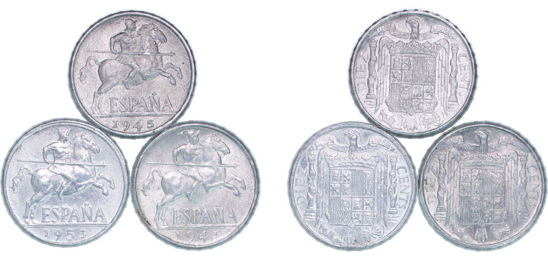 Spain Nationalist Government 1941-1953 10 Centimos (3 Lots) Aluminium UNC KM 766