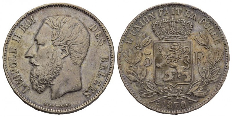 Belgien Königreich Leopold II., 1865-1909. 5 Francs 1870. Dav. 53, Morin 150.
At...