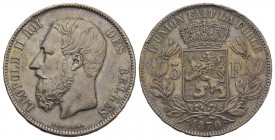 Belgien Königreich Leopold II., 1865-1909. 5 Francs 1870. Dav. 53, Morin 150.
Attraktives Exemplar mit feiner Patina sehr schön