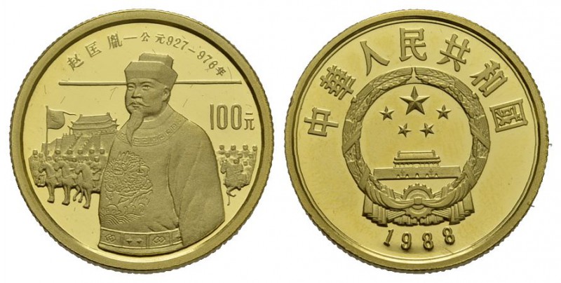China Volksrepublik seit 1949 (B) 100 Yuan 1988 (11,38 g), Zhao Kuangyin. Fr:22,...
