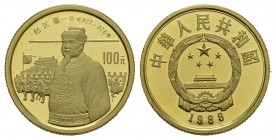 China Volksrepublik seit 1949 (B) 100 Yuan 1988 (11,38 g), Zhao Kuangyin. Fr:22,KM:211 Gold 
Originalbox Proof