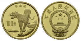 China Volksrepublik, seit 1949, 100 Yuan 1989. Aus der Reihe bedrohte Tierwelt: Chinesischer Tiger. . KM 250, GOLD, Proof
