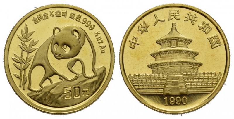 China Volksrepublik 50 Yuan Panda GOLD 1990 Panda beim Besteigen eines Felsens. ...