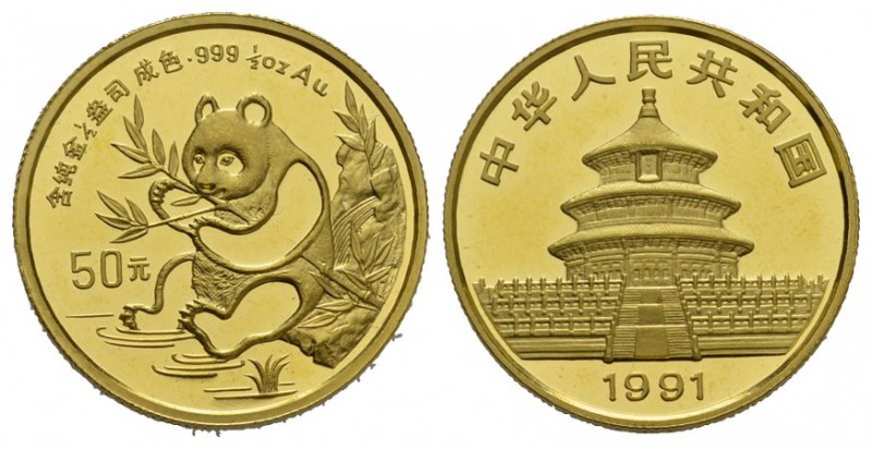 China Volksrepublik 50 Yuan GOLD 1991. Panda mit Bambuszweig am Gewässer sitzend...