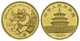 China Volksrepublik 50 Yuan GOLD 1991. Panda mit Bambuszweig am Gewässer sitzend. 1/2 Unze Feingold. Yeoman 349, Schön 335.unzirkuliert